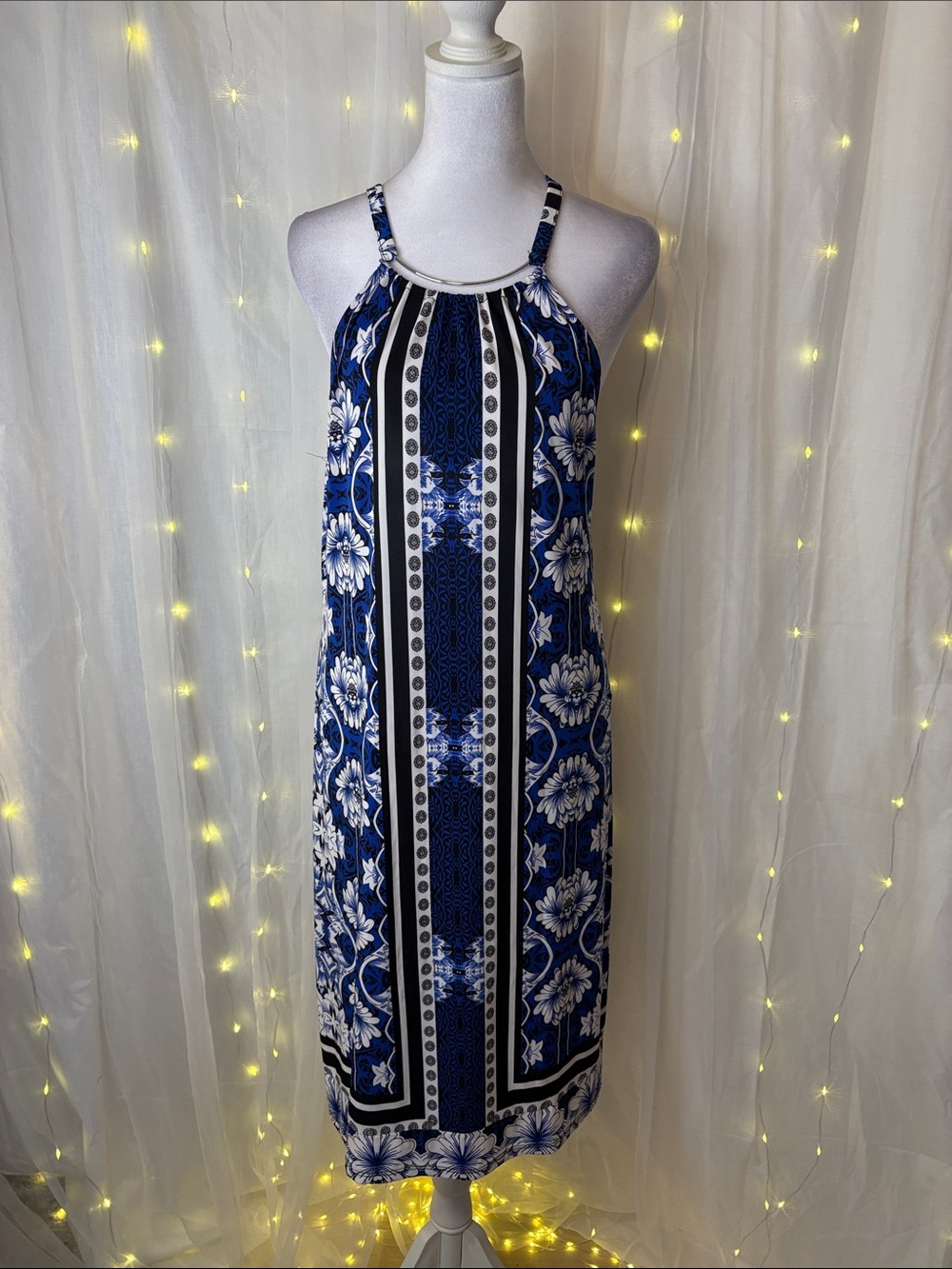 INC International Concepts Blue and White Halter-Style Maxi Dress